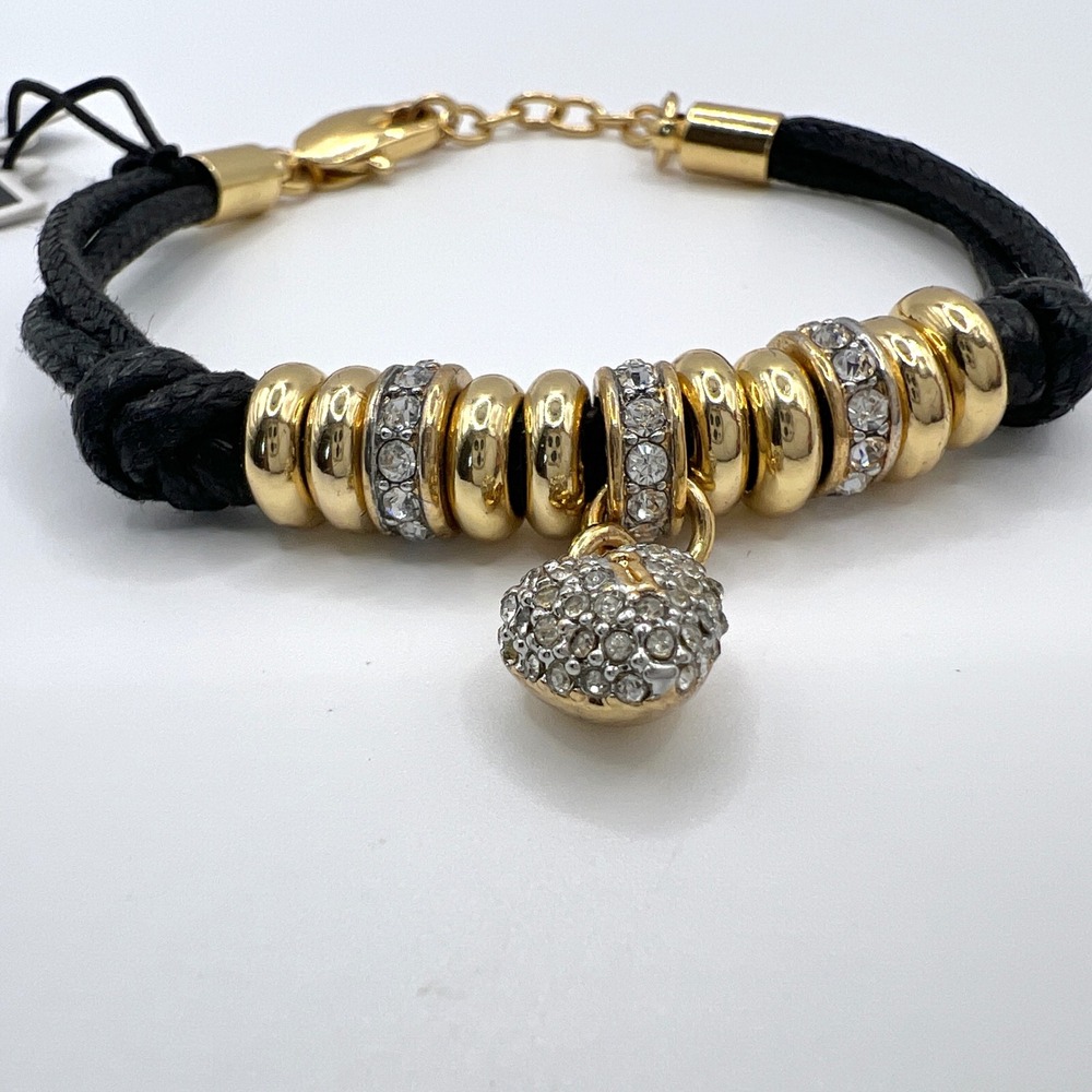 Juicy Couture Padlock Heart Corded Bracelet Black Gold Crystal YJRU0B52 NWT